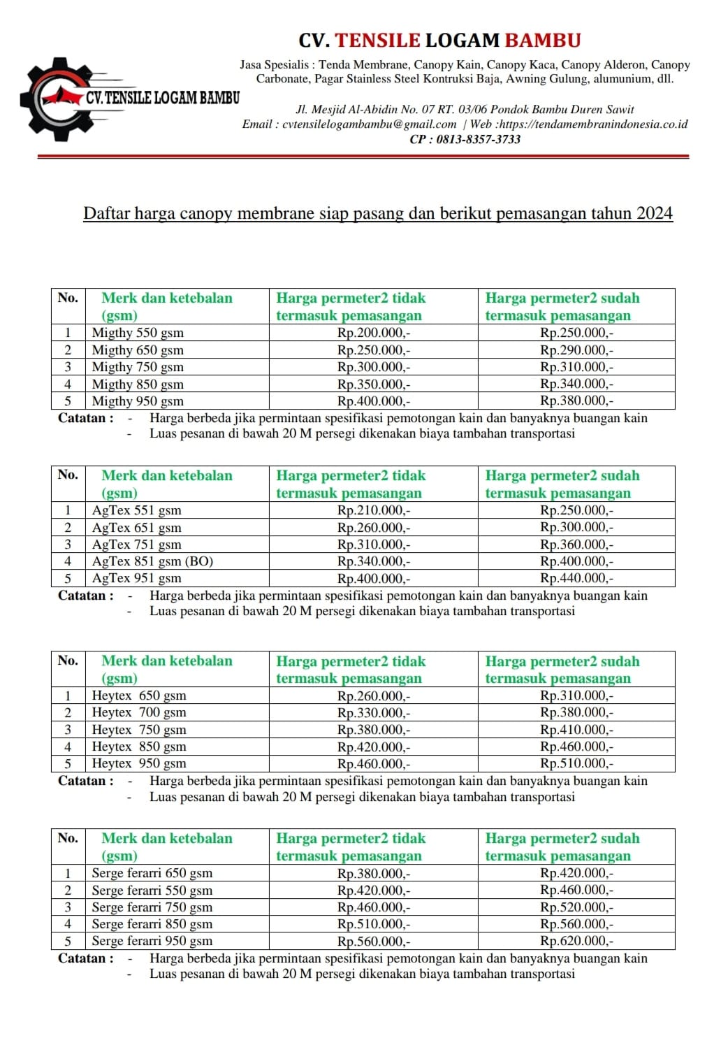 Daftar Harga Canopy Membrane Terbaru Di Tahun Diskon