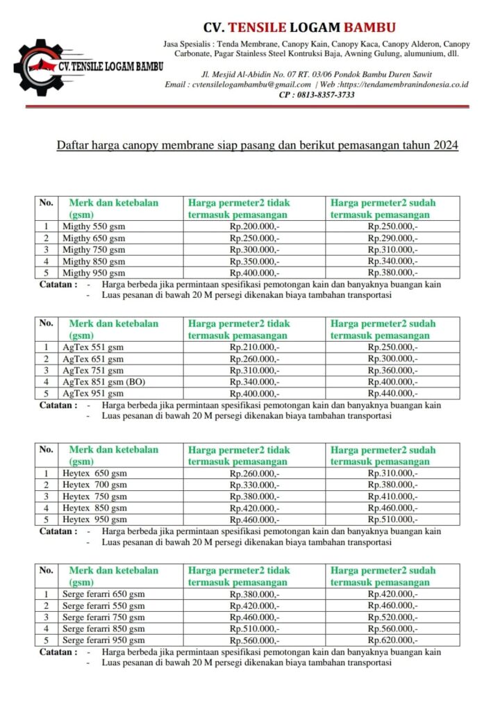 Daftar Harga Canopy Membrane Terbaru Di Tahun 2024 - Diskon-20%